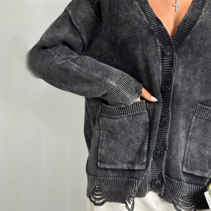 A07 Vintage Distressed Knit Cardigan – Women’s Washed Button-Up Sweater with Pockets