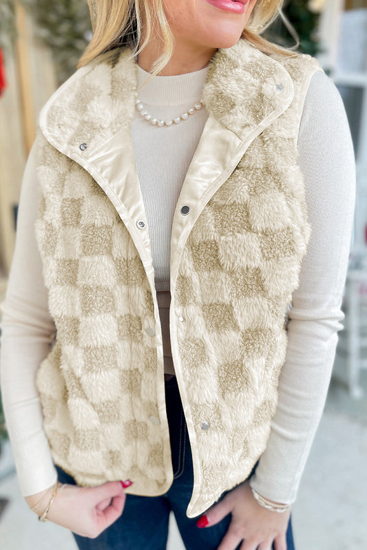 Women’s Checkered Fleece Vest – Autumn Winter Collared Warm Top