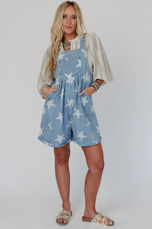 Women’s Loose Fit High Waist Overall – Star Print Denim Jumpsuit