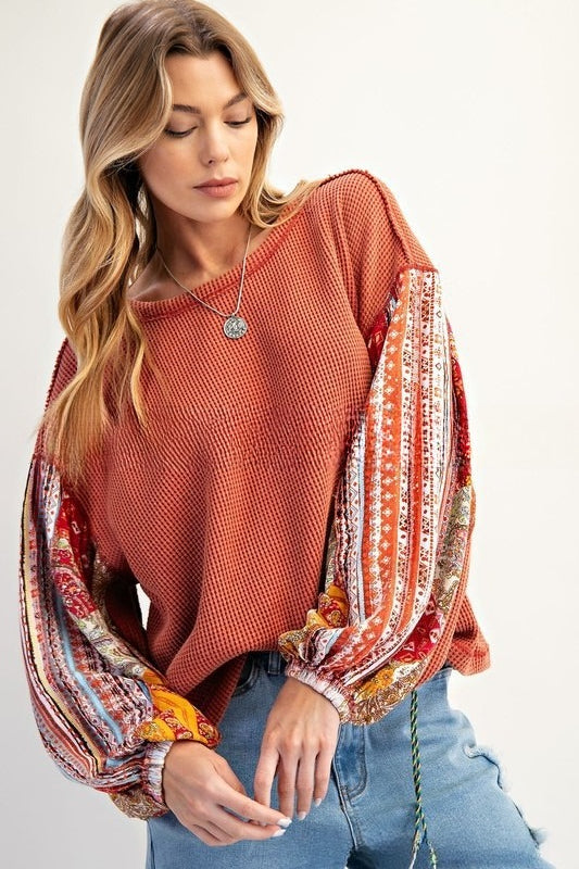 Women’s Waffle Knit Patchwork Sweatshirt | Long Sleeve Printed Autumn Top