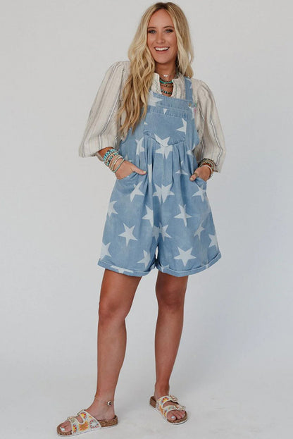 Women’s Loose Fit High Waist Overall – Star Print Denim Jumpsuit