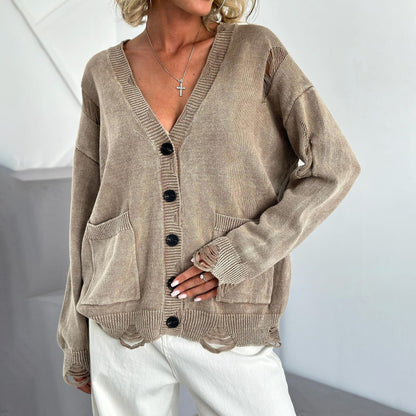 A07 Vintage Distressed Knit Cardigan – Women’s Washed Button-Up Sweater with Pockets