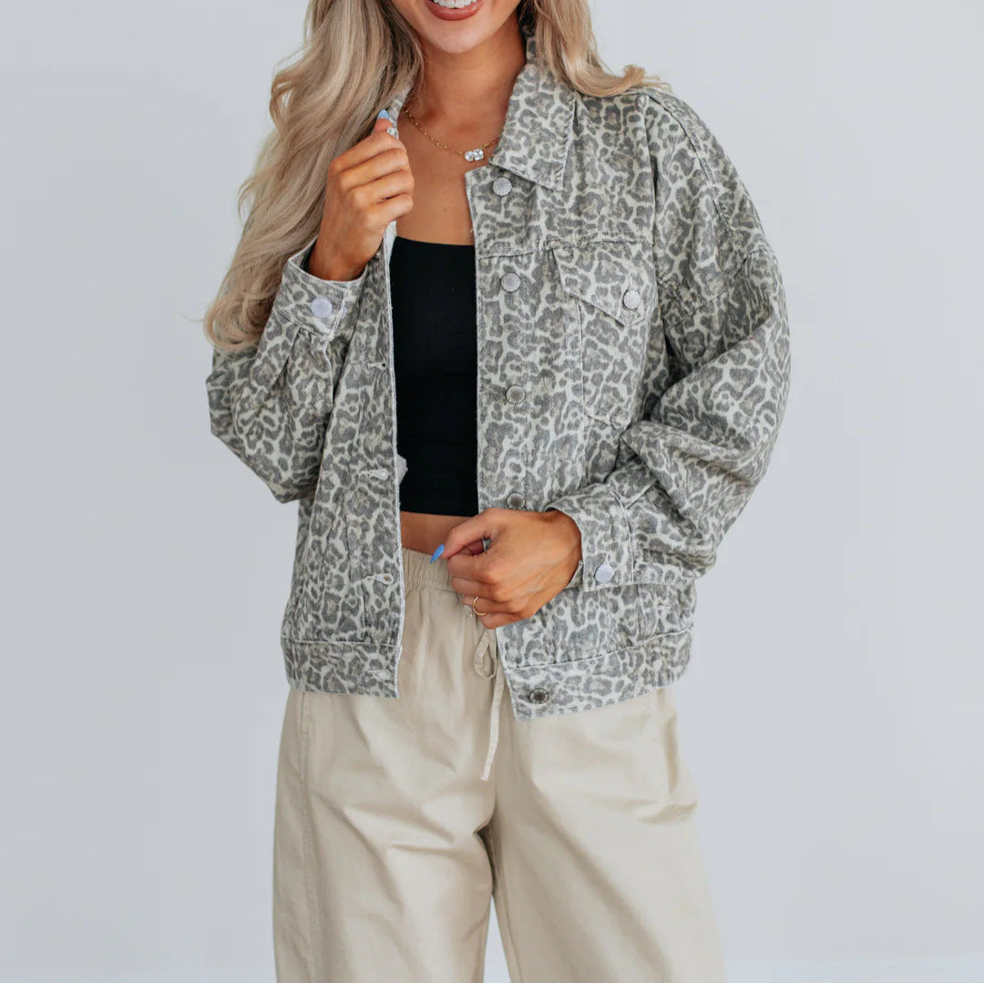 Vintage Washed Leopard Print Denim Jacket | Women’s Loose Fit Retro Jean Coat with Pockets