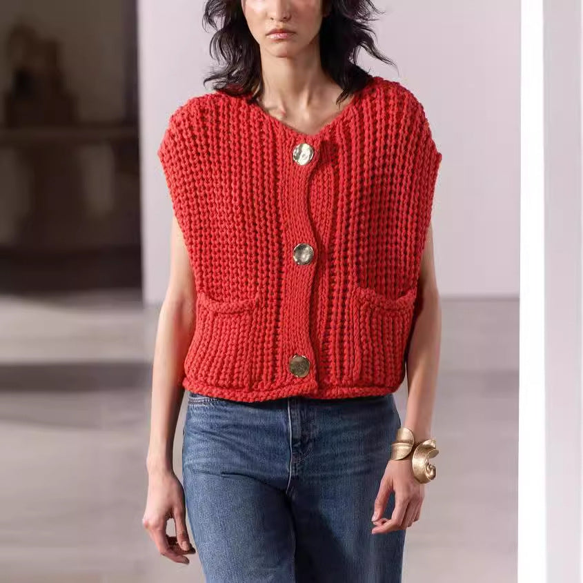 Women’s Chunky Knit Sleeveless Vest | V-Neck Fashionable Short Sweater Top