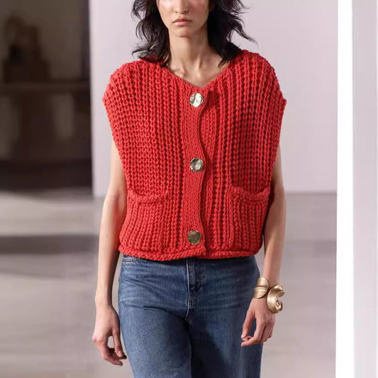 Women’s Chunky Knit Sleeveless Vest | V-Neck Fashionable Short Sweater Top