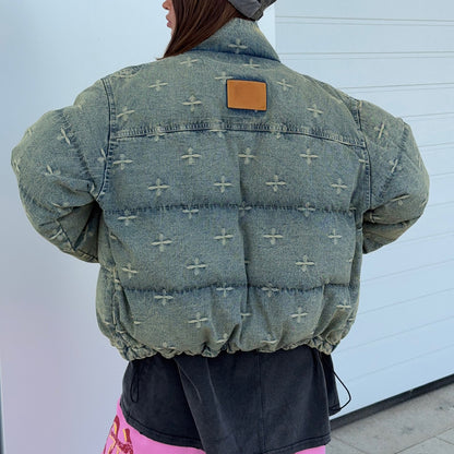 Autumn Winter 2025 Women’s Distressed Cross Embroidered Denim Cotton Jacket – Vintage Fashion Warm Coat