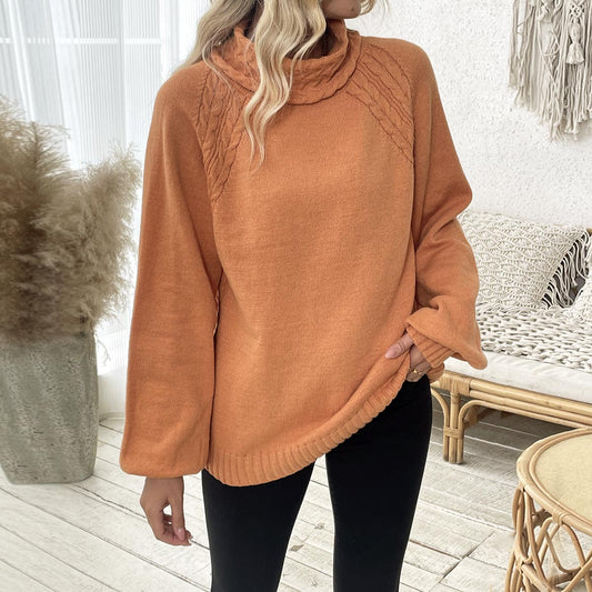 2025 Women’s Autumn Winter Floral Knit Sweater – Straight Cut, Mock Neck, Puff Sleeve European Style