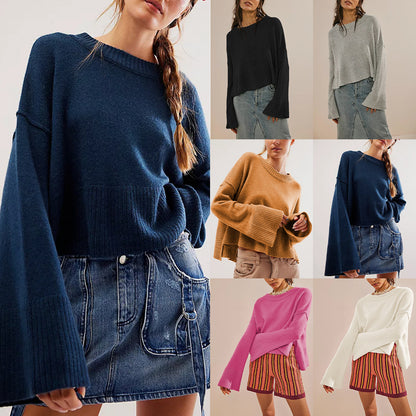2025 Fall Winter Solid Color Knit Sweater | Women’s Fashion Crew Neck Pullover with Flared Sleeves