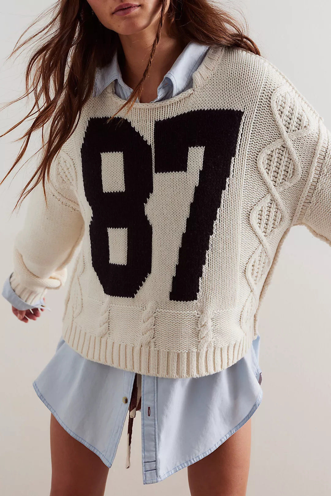 Fall Winter 2025 Color Block Number Print Knit Sweater | Loose Fit Long Sleeve Pullover for Women