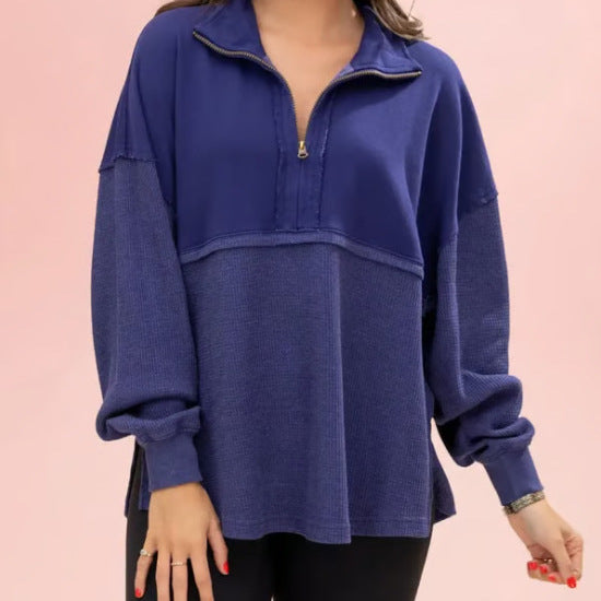 2025 Fall Winter Solid Zip-Up Collared Sweatshirt for Women | Loose Fit Minimalist Long Sleeve Pullover