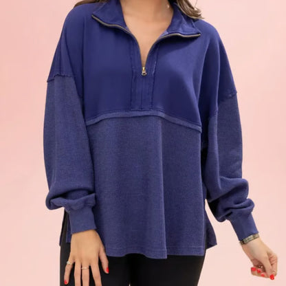 2025 Fall Winter Solid Zip-Up Collared Sweatshirt for Women | Loose Fit Minimalist Long Sleeve Pullover