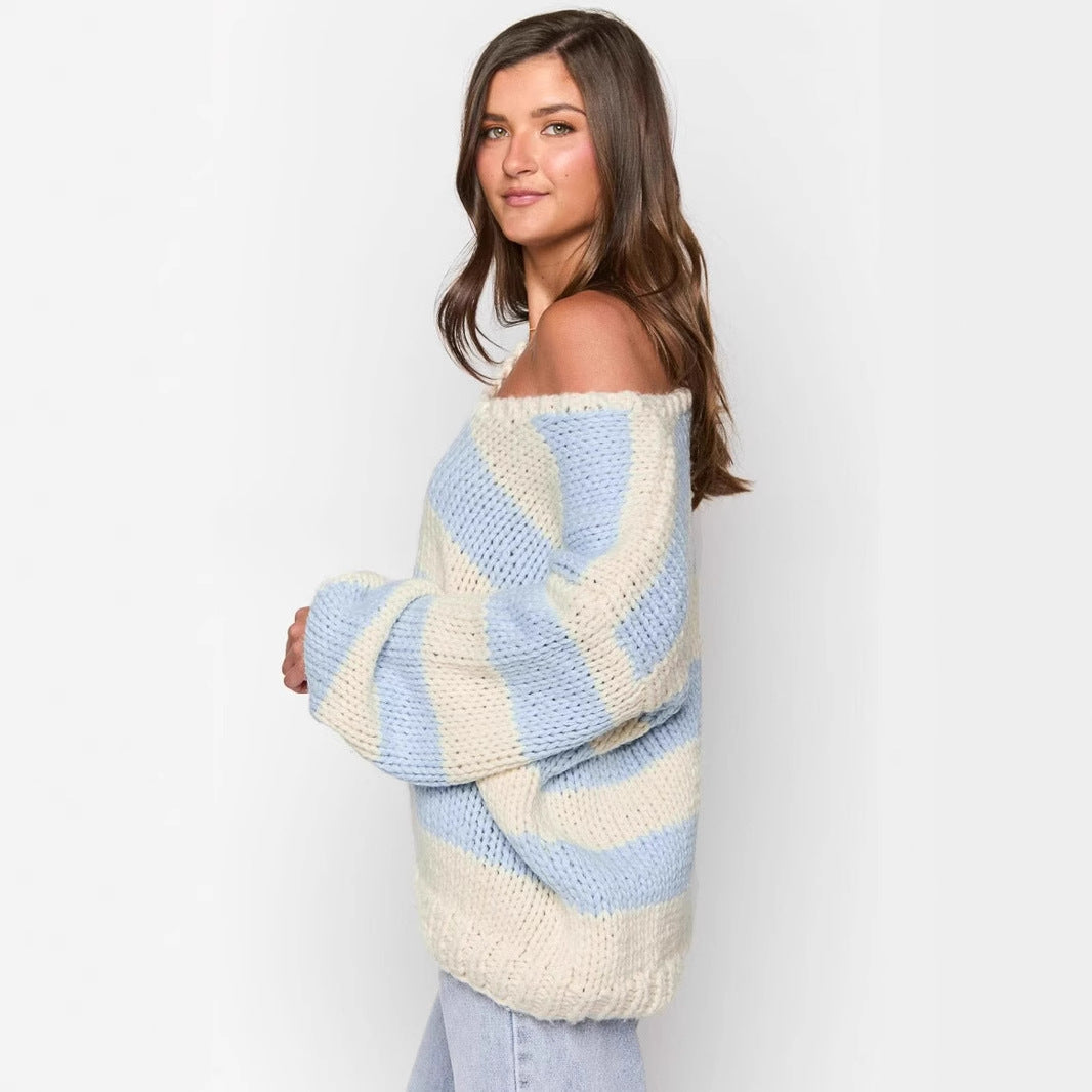 Fall Winter Women’s Oversized Knit Sweater | Off-Shoulder Sweet Dopamine Stripe Top