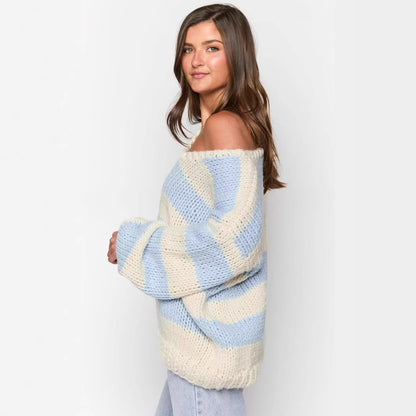 Fall Winter Women’s Oversized Knit Sweater | Off-Shoulder Sweet Dopamine Stripe Top