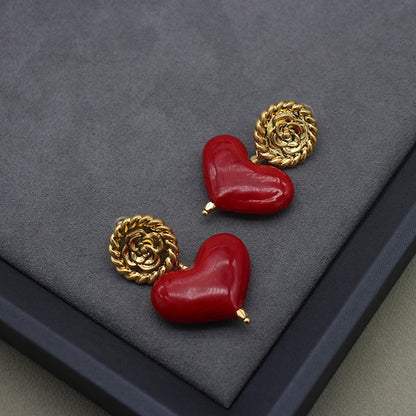 Handmade Red Heart Glass Necklace & Earrings Set | Vintage Pearl Jewelry with Clip-On Earrings