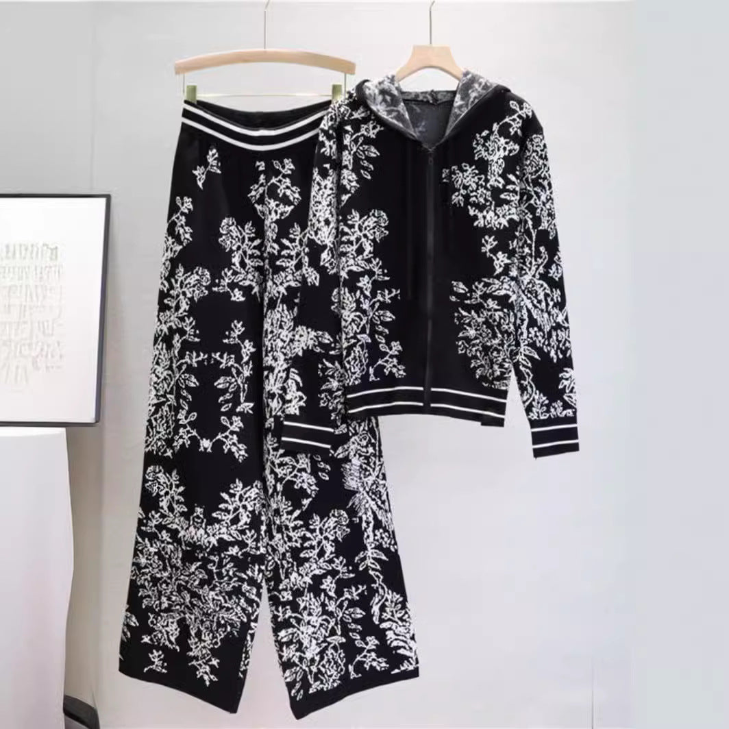 Women’s Fashion Knit Set | Spring Fall Hoodie & Wide-Leg Pants Two-Piece Outfit