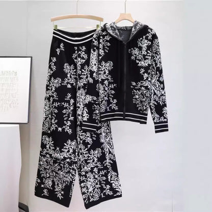 Women’s Fashion Knit Set | Spring Fall Hoodie & Wide-Leg Pants Two-Piece Outfit