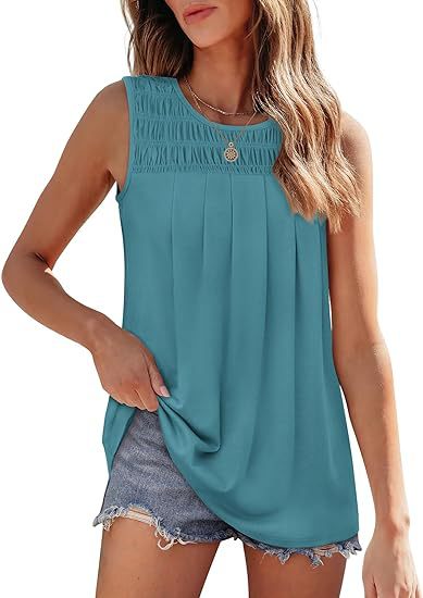 Women’s Pleated Sleeveless Tank Top – Summer Loose Fit Round Neck Blouse