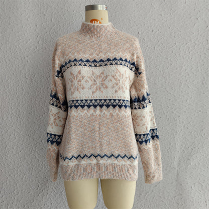 Autumn Winter 2025 Women’s Christmas Snowflake Chenille Sweater – Semi-Turtleneck Knit Pullover