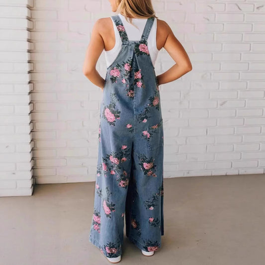 Women’s Fashion Denim Floral Jumpsuit – Casual Sleeveless Overall
