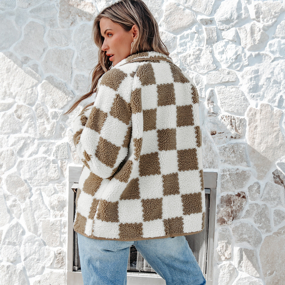 Women’s Plaid Jacket – Autumn Winter Button-Up Sherpa Fleece Coat, Warm Lambswool Outerwear