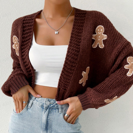 ✨ Cute Gingerbread Pattern Knit Cardigan for Women – Short Sweater Jacket Spring Autumn
