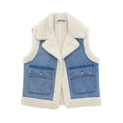 Women’s Sherpa Vest – Autumn Winter Cotton Faux Leather Moto Lambswool Open-Front Gilet