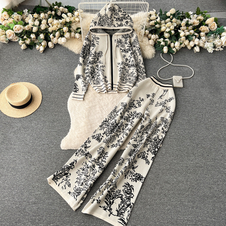 Women’s Fashion Knit Set | Spring Fall Hoodie & Wide-Leg Pants Two-Piece Outfit