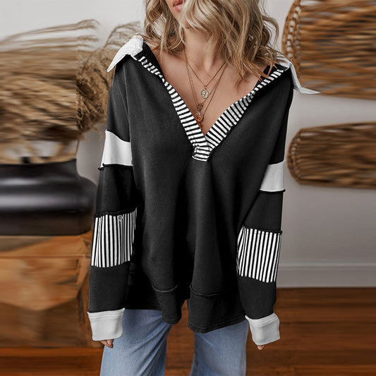 Casual Loose V-Neck Sweatshirt for Women – 2025 Fall New Striped Patchwork Pullover Top