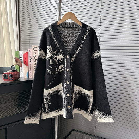 Autumn Winter 2025 Women’s Black & White Rose Knit Cardigan – Thick Cozy Pullover Sweater