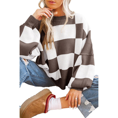 Autumn 2025 Women’s Plaid Long Sleeve Sweater – Casual Warm Pullover Knit Top
