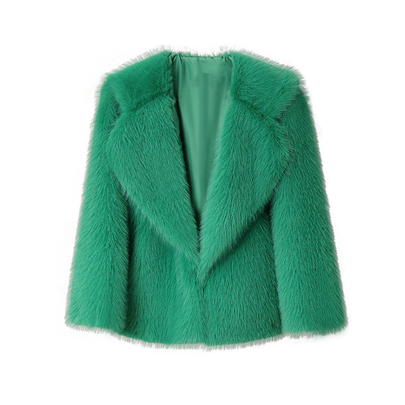 Women’s Faux Fur Coat – Autumn Winter Wide Collar Mid-Length Jacket, Loose Fit Outerwear