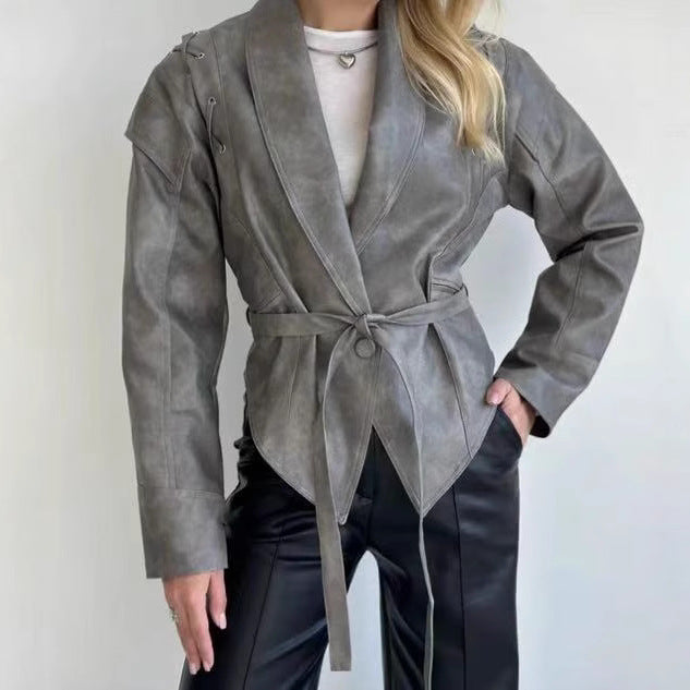 Women’s Retro Faux Leather Jacket – Autumn Street Style Tie-Waist Turn-Down Collar Outerwear