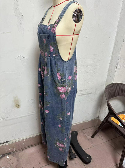 Women’s Fashion Denim Floral Jumpsuit – Casual Sleeveless Overall