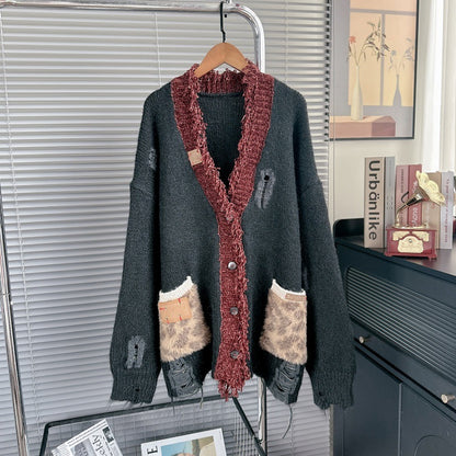 Autumn Winter 2025 Women’s Vintage Leopard V-Neck Cardigan – Loose Distressed Knit Sweater