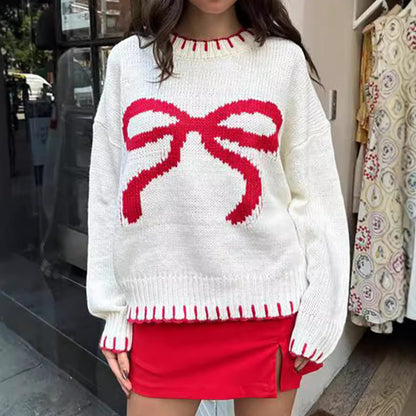 Autumn Winter 2025 Women’s Bow Jacquard Sweater – Loose Cozy Pullover Knit