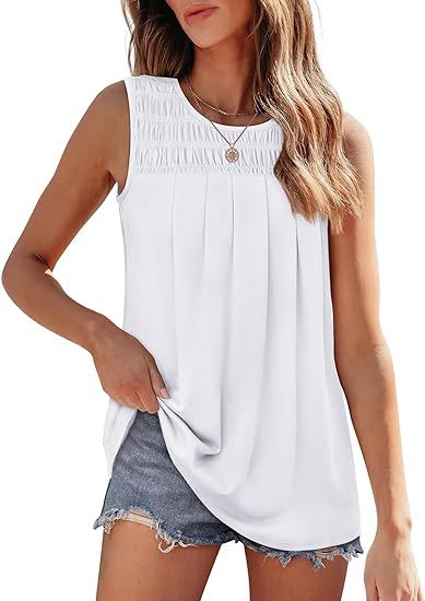 Women’s Pleated Sleeveless Tank Top – Summer Loose Fit Round Neck Blouse