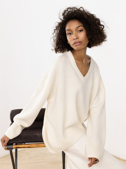 V-Neck Loose Knit Sweater for Women | Fall & Winter Long Sleeve Pullover