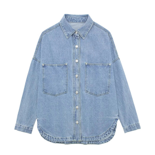 Women’s New Denim Shirt Jacket – Long Sleeve Turn-Down Collar Outerwear, Fashionable