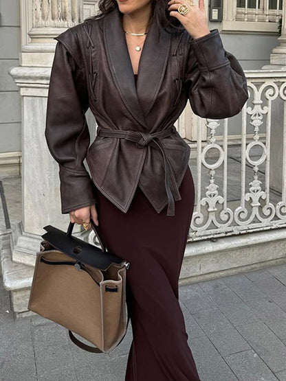 Women’s Retro Faux Leather Jacket – Autumn Street Style Tie-Waist Turn-Down Collar Outerwear