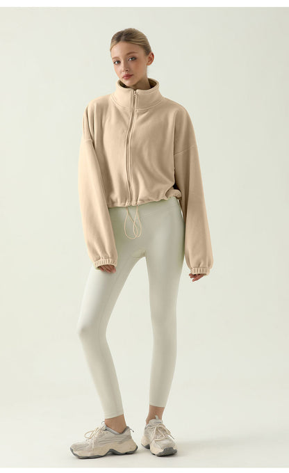 Women’s Thick Sherpa Fleece Yoga Jacket – Autumn Winter High Neck Drawstring Windproof Hoodie