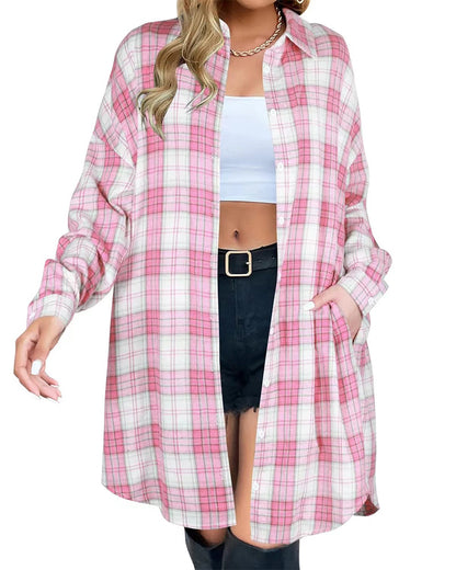 Women’s Long Sleeve Plaid Shirt | Mid-Length Casual Top with Pockets