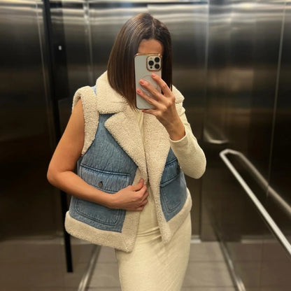 Women’s Sherpa Vest – Autumn Winter Cotton Faux Leather Moto Lambswool Open-Front Gilet