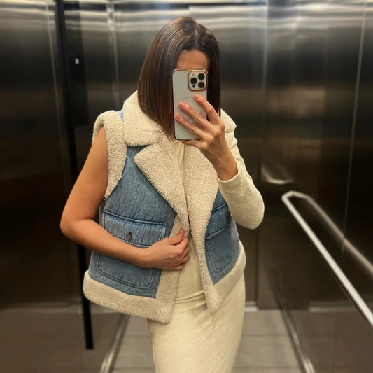 Women’s Sherpa Vest – Autumn Winter Cotton Faux Leather Moto Lambswool Open-Front Gilet