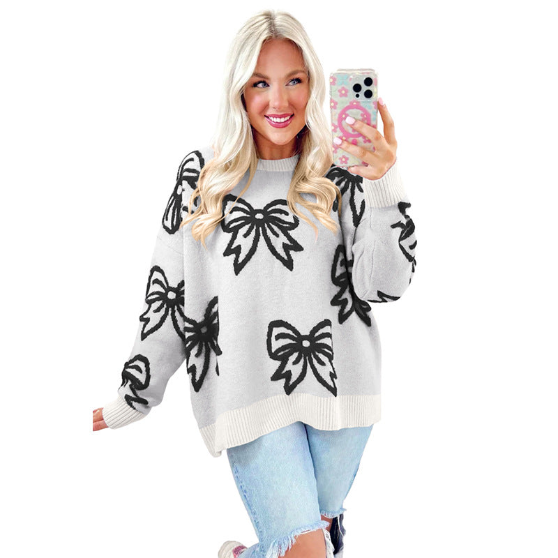 2025 Fall New Women’s Knit Sweater – Trendy Long Sleeve Printed Thick Pullover