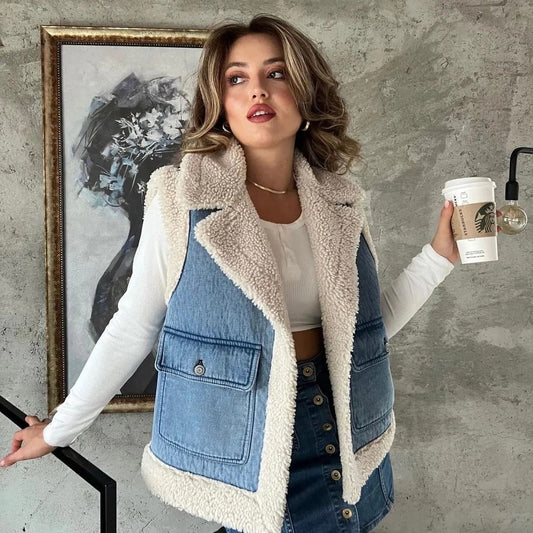 Women’s Sherpa Vest – Autumn Winter Cotton Faux Leather Moto Lambswool Open-Front Gilet