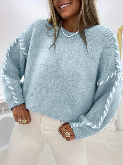 Women’s Solid Color Knit Sweater | Loose Fit Pullover with Drawstring Design · Casual Long Sleeve Top