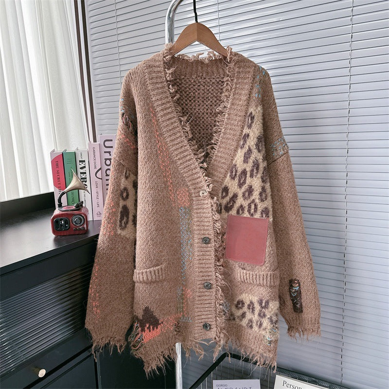 Autumn Winter 2025 Women’s Color-Block Leopard Knit Cardigan – Loose Lazy Oversized Sweater
