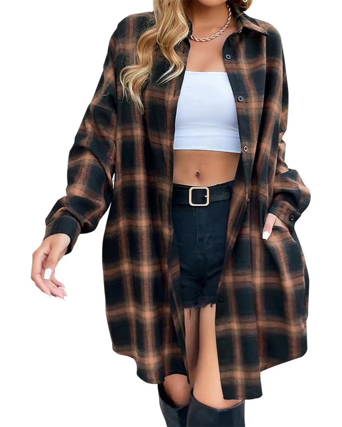 Women’s Long Sleeve Plaid Shirt | Mid-Length Casual Top with Pockets