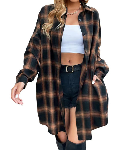 Women’s Long Sleeve Plaid Shirt | Mid-Length Casual Top with Pockets