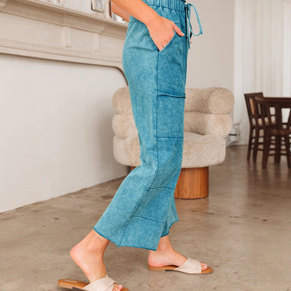 2025 Autumn New Arrival | High-Waisted Drawstring Wide-Leg Pants for Women with Large Cargo Pockets – Solid Color Casual Trousers